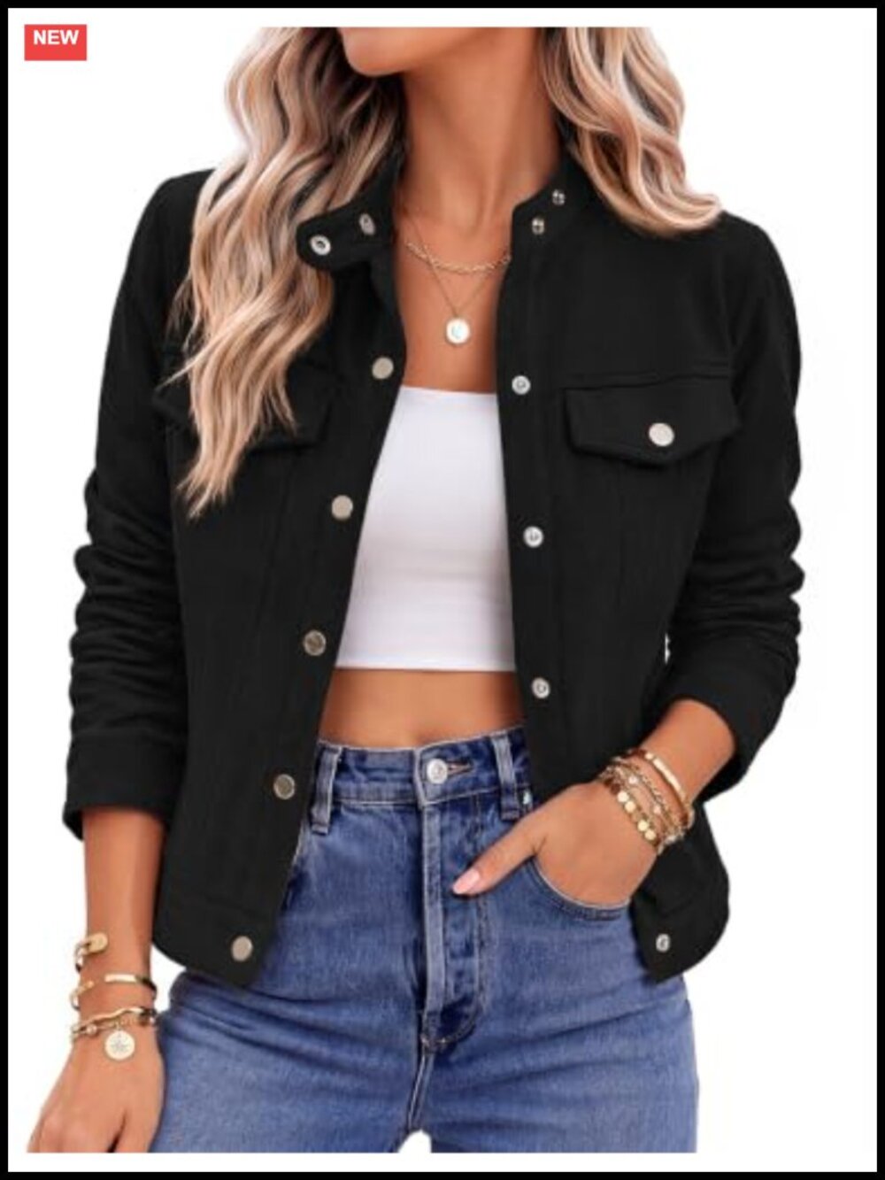 Faux Suede Cropped Jacket Womens Snap Button Casual Shacket